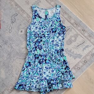 Lilly Pulitzer Girls Blue Floral Romper Ruffle Skort SzXL (12-14)